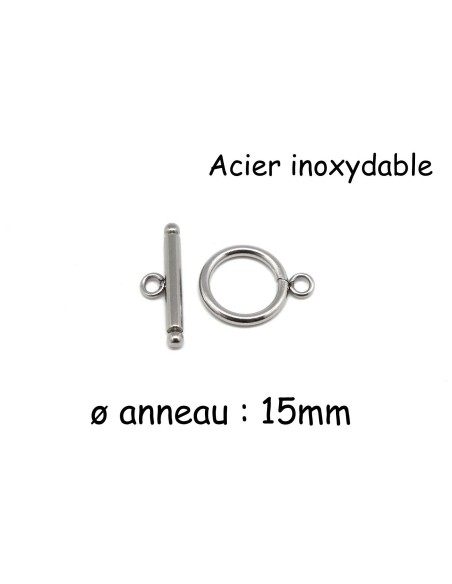 Fermoir argenté rond en T toggle  en acier inoxydable 15mm
