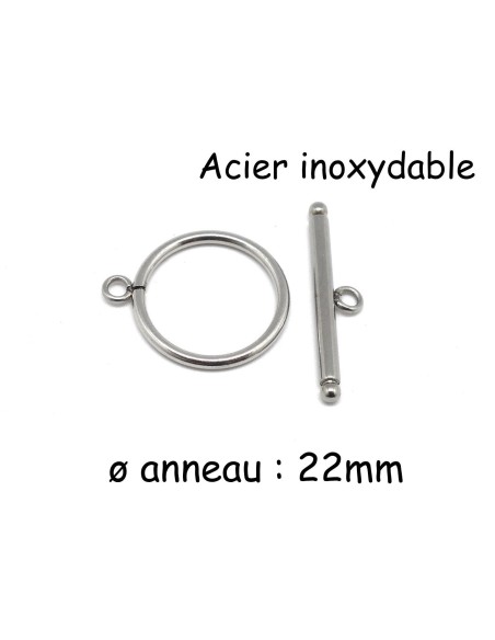 Fermoir argenté toggle, en T en acier inoxydable 22mm