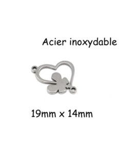 Perle connecteur coeur avec papillon en acier inoxydable argenté