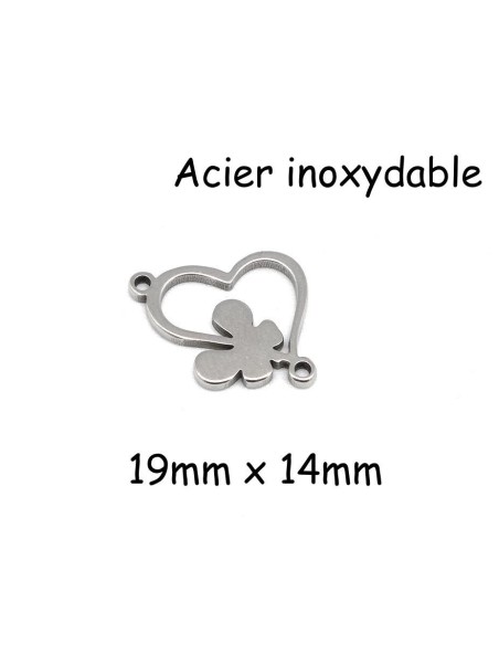 Perle connecteur coeur avec papillon en acier inoxydable argenté