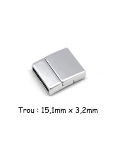 Fermoir aimanté rectangle pour lanière cuir de 15mm en métal argenté satiné