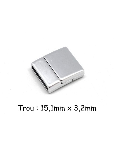 Fermoir aimanté rectangle pour lanière cuir de 15mm en métal argenté satiné