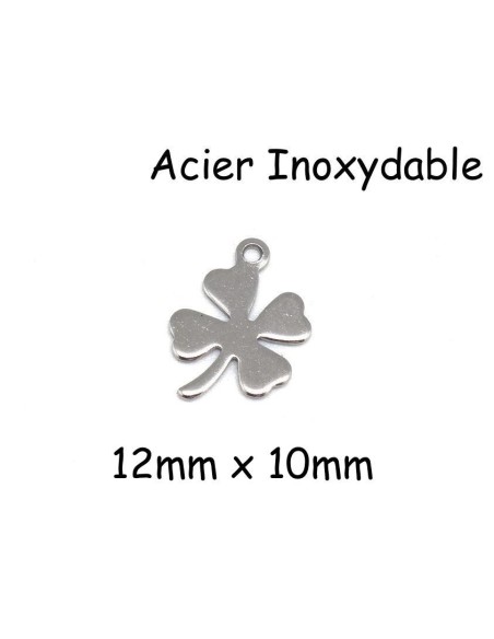 Breloque trèfle à 4 feuilles argenté en acier inoxydable porte bonheur 12mm