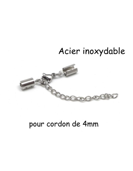 Fermoir mousqueton avec serre fil pour cordon de 4mm en acier inoxydable argenté