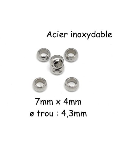 Perle ronde rondelle à gros trou en acier inoxydable argenté 7mm x 4mm intercalaire