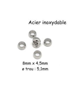 Perle ronde rondelle à gros trou en acier inoxydable argenté 8mm x 4,5mm donut