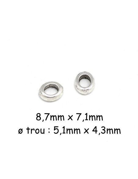 Perle rondelle ovale argenté en métal à gros trou - Intercalaire ovale