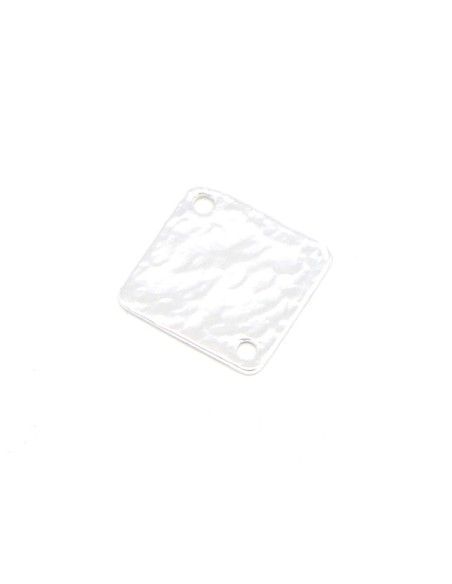 Perle connecteur carré en métal argenté martelé, zamak fin