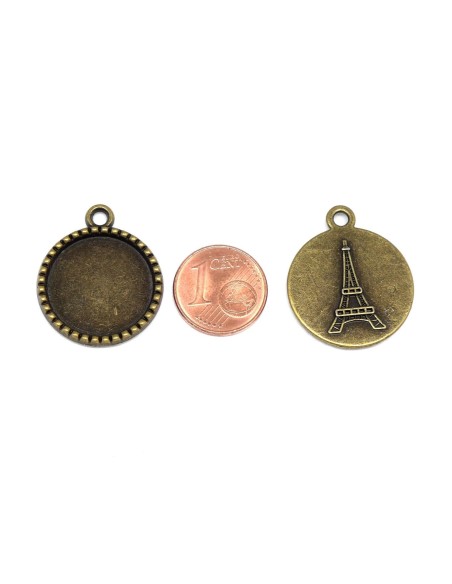 Pendentif support cabochon rond de 18mm couleur bronze motif Tour Eiffel