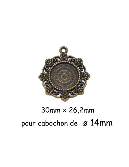 Pendentif fleur pour cabochon rond de 14mm en métal de couleur bronze