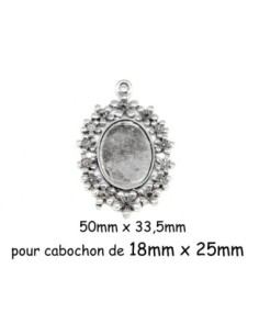 Pendentif ovale argenté pour cabochon de 24mmx17mm en métal travaillé fleur