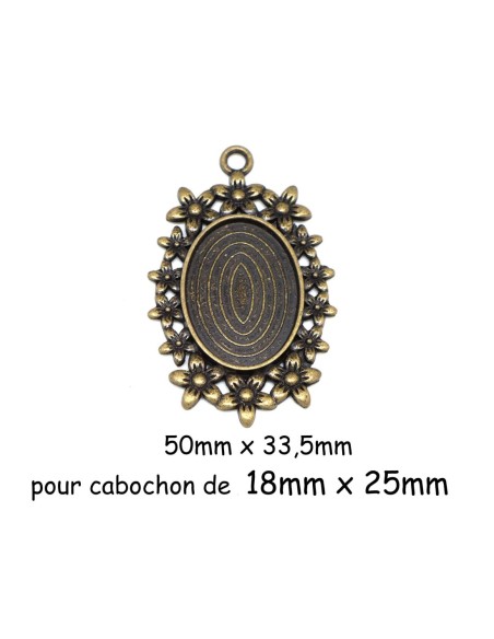 Pendentif ovale orné de fleurs pour cabochon de 24mmx17mm en métal de couleur bronze