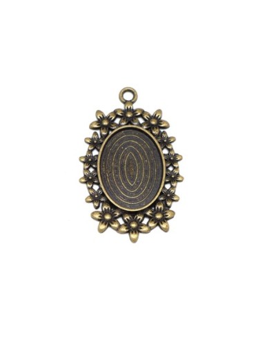 Breloque ovale orné de fleurs pour cabochon de 24mmx17mm en métal de couleur bronze