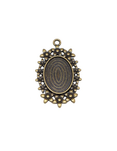 Breloque ovale orné de fleurs pour cabochon de 24mmx17mm en métal de couleur bronze