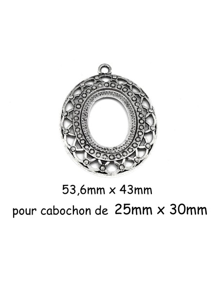 Pendentif pour cabochon ovale de 25mm X 30mm en métal argenté ajouré