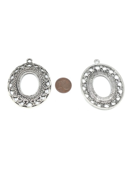 Pendentif support pour cabochon ovale de 25mm X 30mm en métal argenté ajouré
