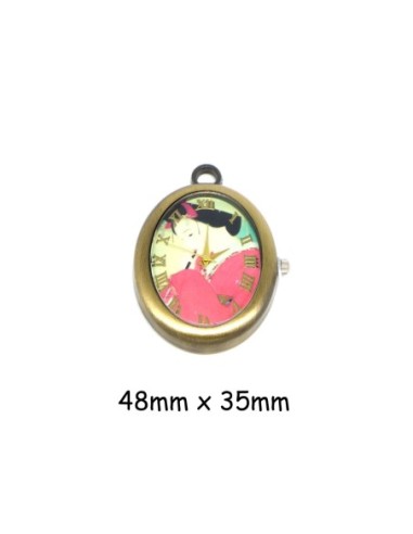 Pendentif montre Geisha Japonaise en métal de couleur bronze style vintage fond rose