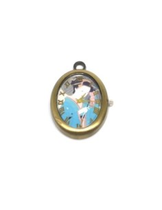 Pendentif montre Geisha Japonaise en métal de couleur bronze style vintage fond bleu turquoise 2