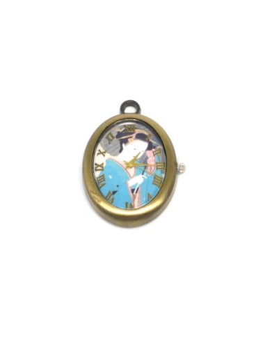 Montre Pendentif Geisha Japonaise en métal de couleur bronze style vintage fond bleu turquoise