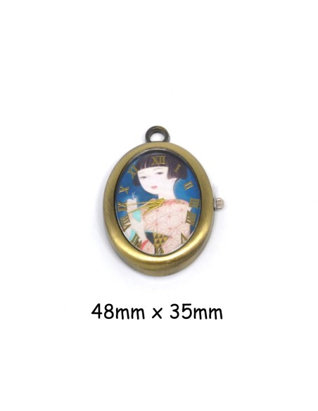 Pendentif montre Geisha Japonaise en métal de couleur bronze style rétro