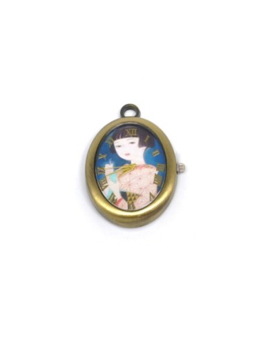 Montre pendentif Geisha Japonaise en métal de couleur bronze style rétro