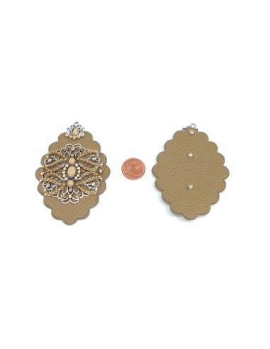Pendentif fleur vintage en simili cuir marron vert et métal argenté orné de cabochons et strass beige