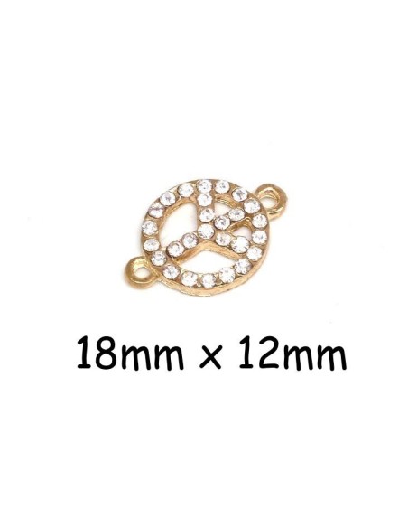 Perle connecteur Peace and Love en métal doré et strass brillant incolore