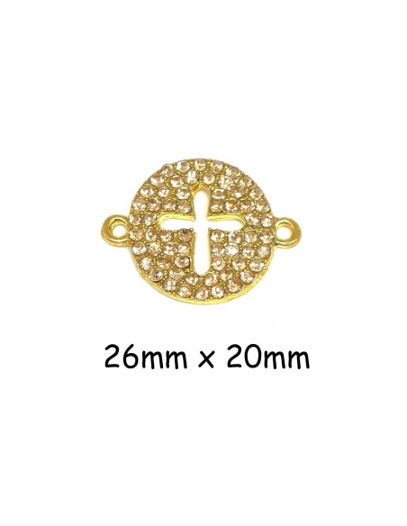 Perle connecteur Croix en métal doré et strass brillant couleur ambre