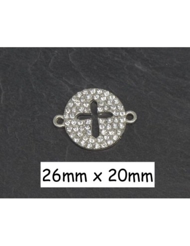 Perle connecteur Croix en métal argenté et strass brillant incolore