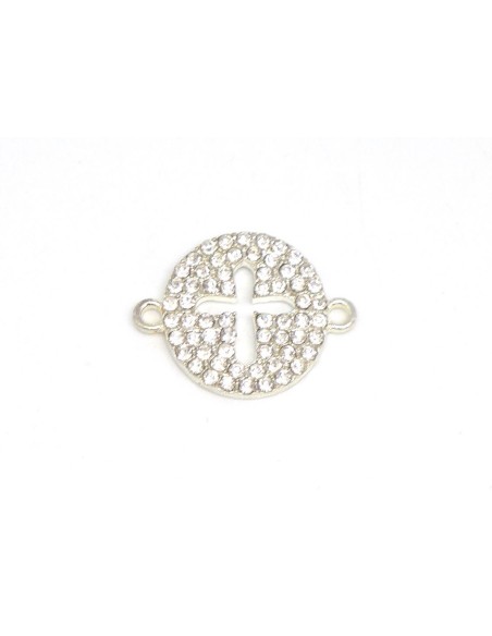 Connecteur Croix en métal argenté et strass brillant incolore
