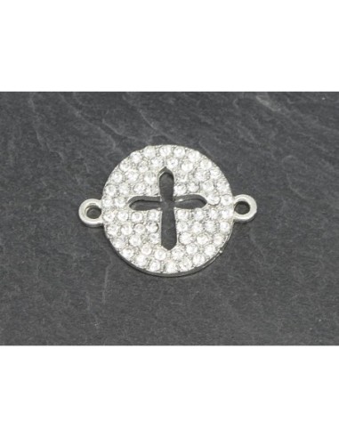 Perle intercalaire Croix en métal argenté et strass brillant incolore