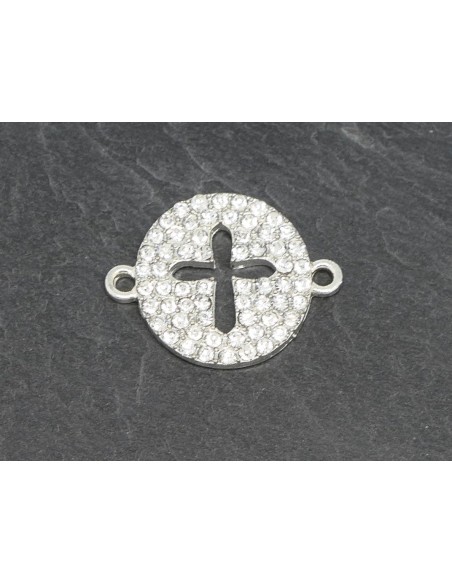Perle intercalaire Croix en métal argenté et strass brillant incolore