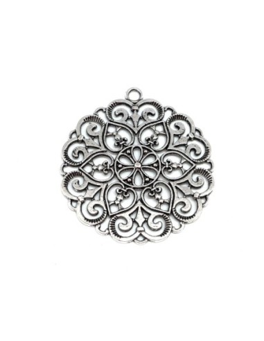 Pendentif argenté rosace et coeur en métal