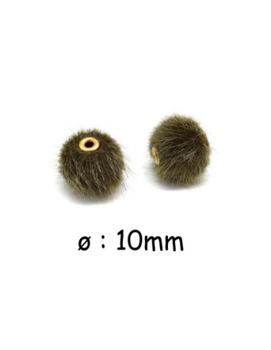 Perle pompon ronde vert kaki 10mm imitation fourrure