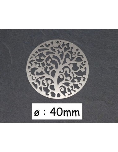 Pendentif connecteur arbre de vie filigrane ronde fine 40mm en métal argenté