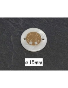 Perle connecteur sequin nacre avec arbre de vie doré filigrane 15mm