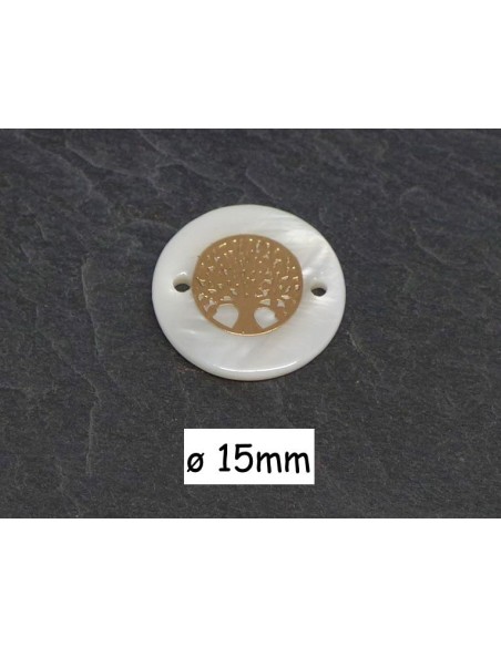 Perle connecteur sequin nacre avec arbre de vie doré filigrane 15mm