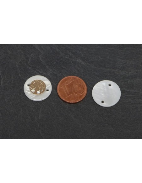 Connecteur sequin nacre avec arbre de vie doré filigrane 15mm