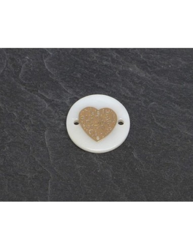 Perle connecteur sequin nacre avec coeur filigrane doré 15mm