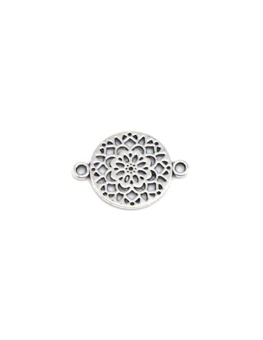 Petite Perle connecteur fleur rosace en métal argenté travaillé