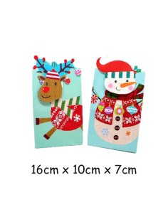 Pochette cadeau Noël motif cerf et bonhomme de neige 16cm x 10cm en papier glacé