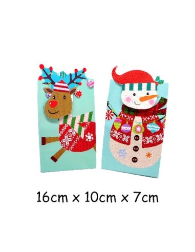 Pochette cadeau Noël motif cerf et bonhomme de neige 16cm x 10cm en papier glacé