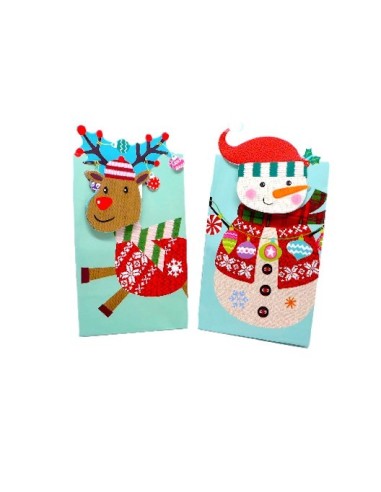 Pochette cadeau Noël motif cerf et bonhomme de neige 16cm x 10cm en papier glacé