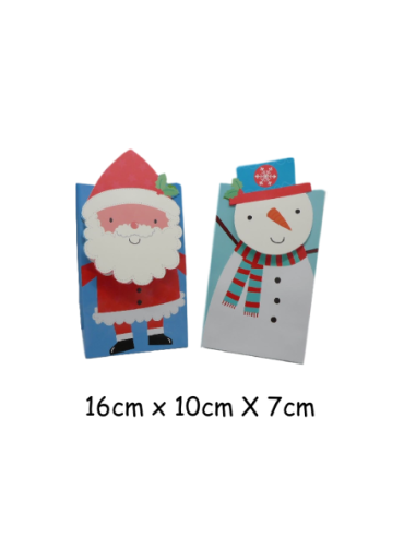 Pochette cadeau Noël motif Père Noël et bonhomme de neige en papier glacé 16cm x 10cm