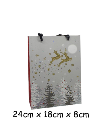 Pochette cadeau papier cartonné glacé motif Noël renne traineau doré, noir, gris et blanc