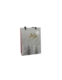 Pochette cadeau papier cartonné glacé motif Noël renne traineau doré, noir, gris et blanc 2