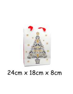Pochette cadeau papier cartonné glacé motif sapin de Noël doré, gris et blanc