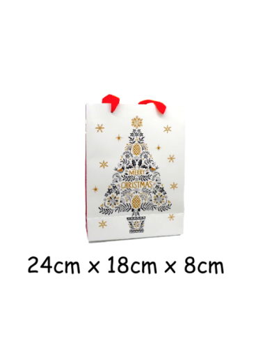 Pochette cadeau papier cartonné glacé motif sapin de Noël doré, gris et blanc