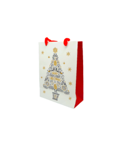 Pochette cadeau papier cartonné glacé motif sapin de Noël doré, gris et blanc 2