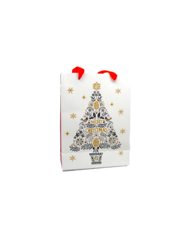 Sac cadeau papier cartonné glacé motif sapin de Noël doré, gris et blanc